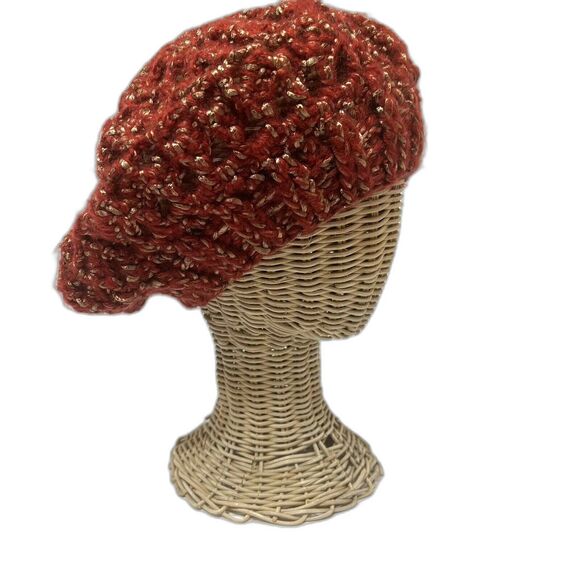 Handmade Slouchy Red & Gold Metallic Knit Beret Acrylic Winter Hat Unisex - Picture 5 of 7